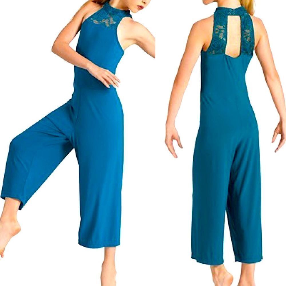 WEISSMAN Dance Costume unitard jumpsuit teal lace Open Hands 12372 adult SA